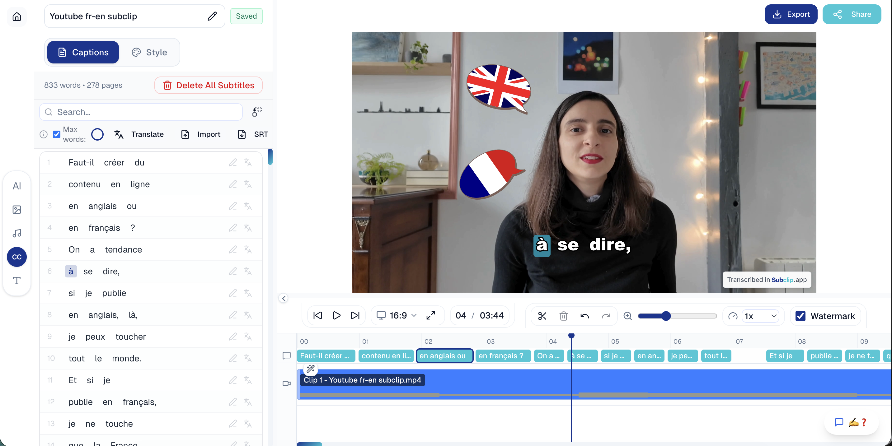Subclip AI video editor interface