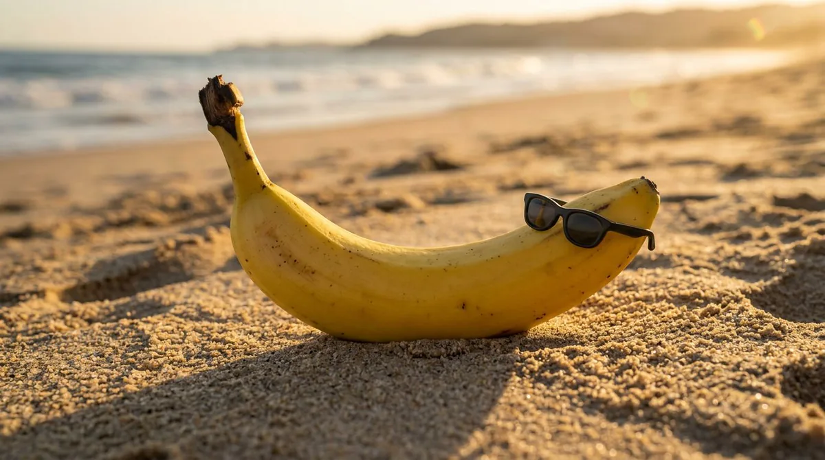 a photorealistic close-up of a ripe banana wearing tiny sunglasses on a beach, golden hour lighting
