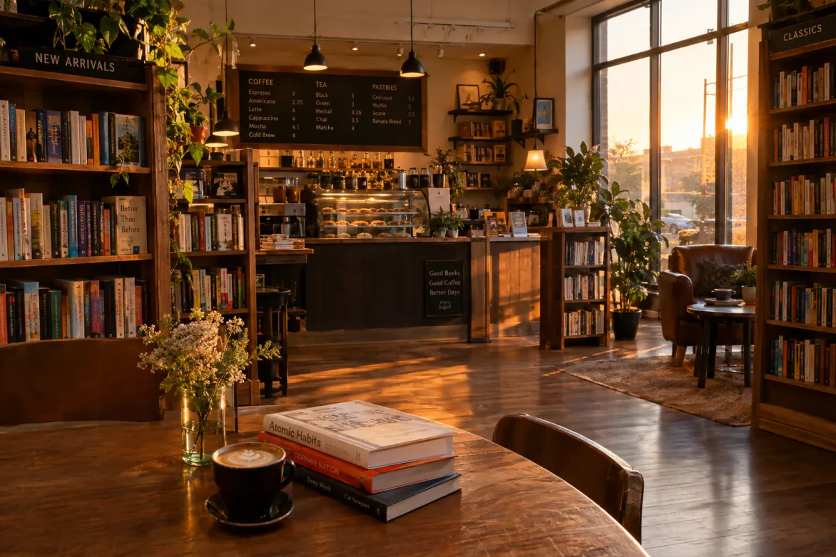 A cozy bookstore cafe interior at golden hour, warm lighting, photorealistic